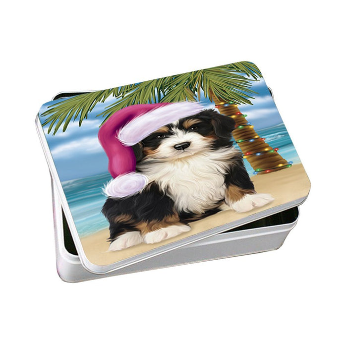 Summertime Happy Holidays Christmas Bernedoodle Dog on Tropical Island Beach Photo Storage Tin