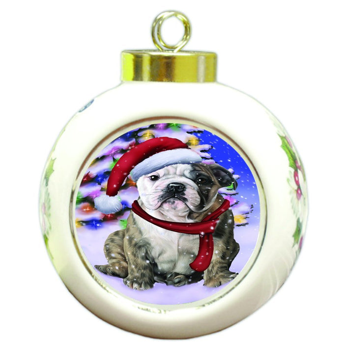 Winterland Wonderland Bulldogs Dog In Christmas Holiday Scenic Background Round Ball Ornament D560