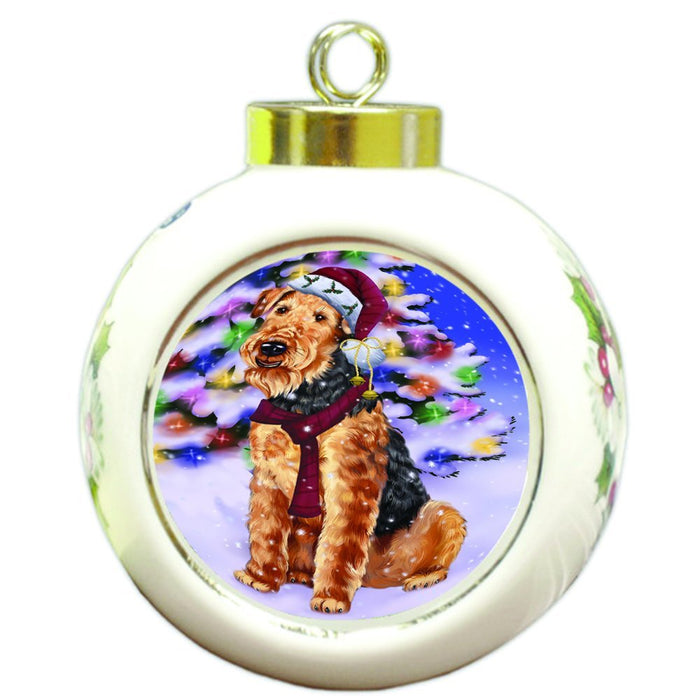 Winterland Wonderland Airedales Dog In Christmas Holiday Scenic Background Round Ball Ornament D535