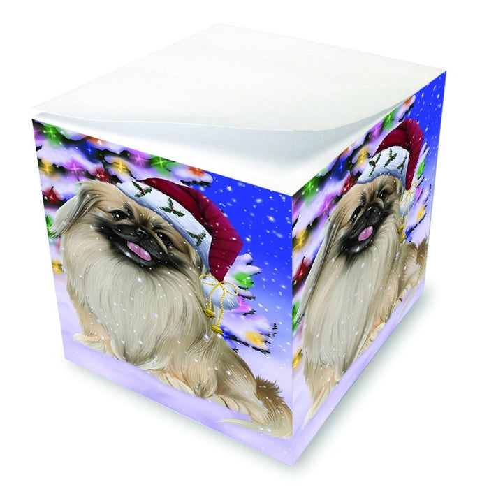 Winterland Wonderland Pekingese Dog In Christmas Holiday Scenic Background Note Cube