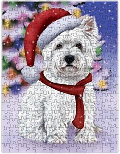 Winterland Wonderland West Highland Terriers Puppy Dog In Christmas Holiday Scenic Background Puzzle with Photo Tin