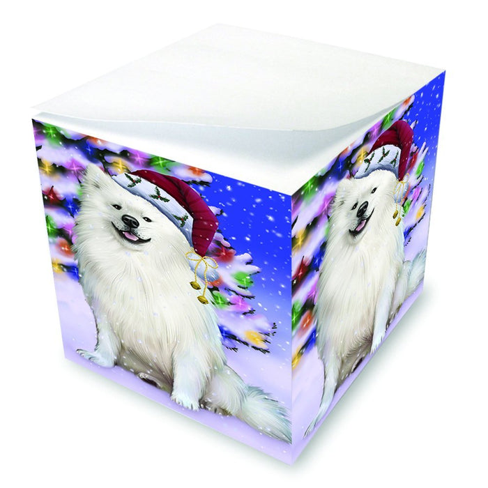 Winterland Wonderland American Eskimo Dog In Christmas Holiday Scenic Background Note Cube