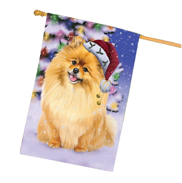 Winterland Wonderland Pomeranians Dog In Christmas Holiday Scenic Background House Flag