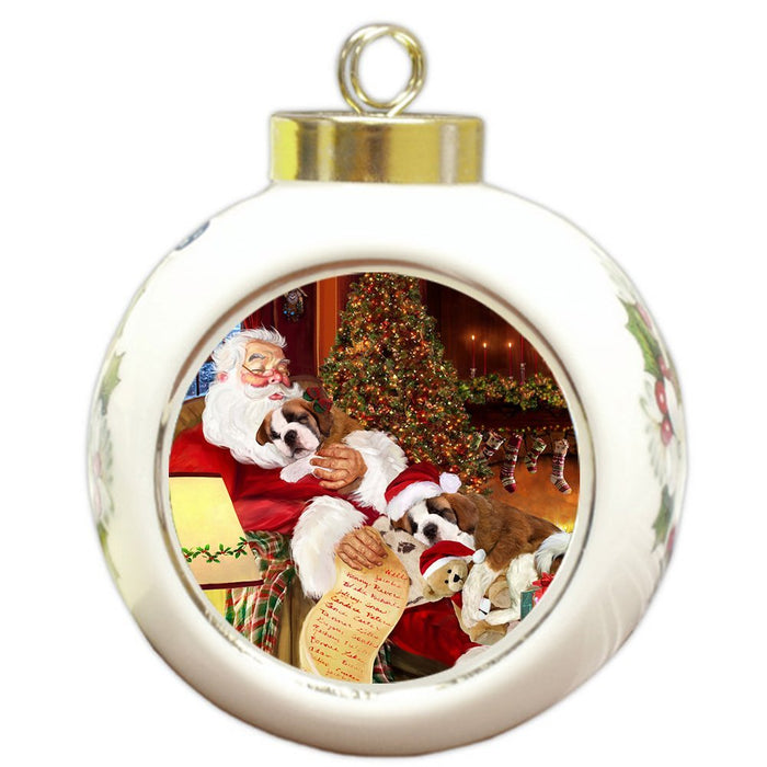 Saint Bernard Dog and Puppies Sleeping with Santa Round Ball Christmas Ornament D450