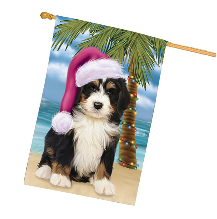 Summertime Happy Holidays Christmas Bernedoodle Dog on Tropical Island Beach House Flag