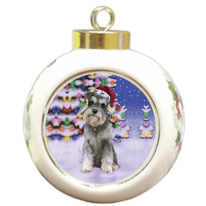 Winterland Wonderland Schnauzers Dog In Christmas Holiday Scenic Background Round Ball Ornament