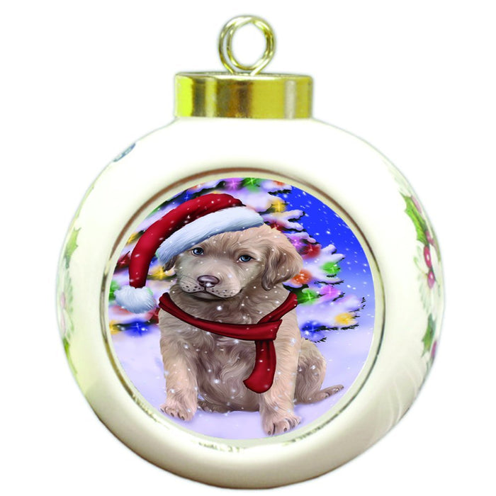 Winterland Wonderland Chesapeake Bay Retriever Dog In Christmas Holiday Scenic Background Round Ball Ornament D526
