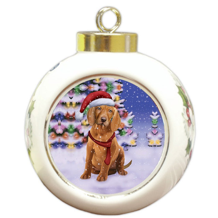 Winterland Wonderland Vizsla Puppy Dog In Christmas Holiday Scenic Background Round Ball Ornament