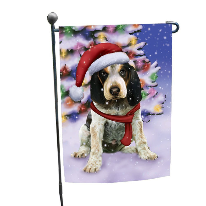 Winterland Wonderland Bluetick Coonhound Puppy Dog In Christmas Holiday Scenic Background Garden Flag