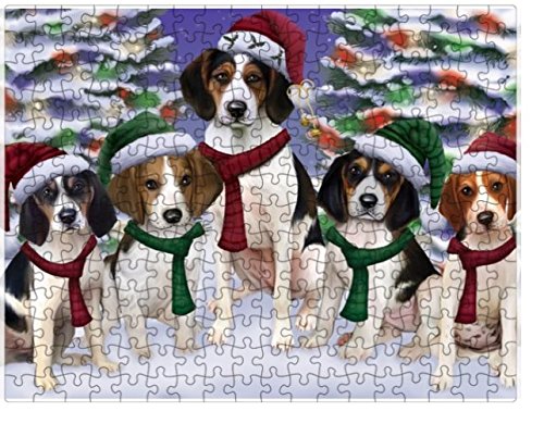 Treeing Walker Coonhound Dog Christmas Family Portrait in Holiday Scenic Background Puzzle with Photo Tin