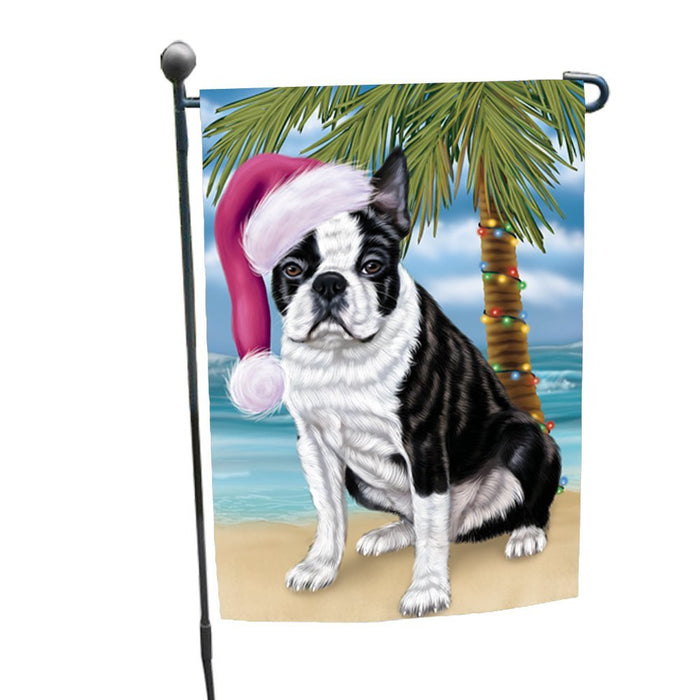Summertime Happy Holidays Christmas Boston Terriers Dog on Tropical Island Beach Garden Flag