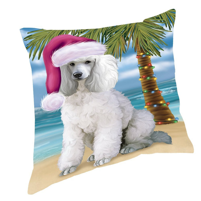 Summertime Happy Holidays Christmas Poodles Dog on Tropical Island Beach Throw Pillow