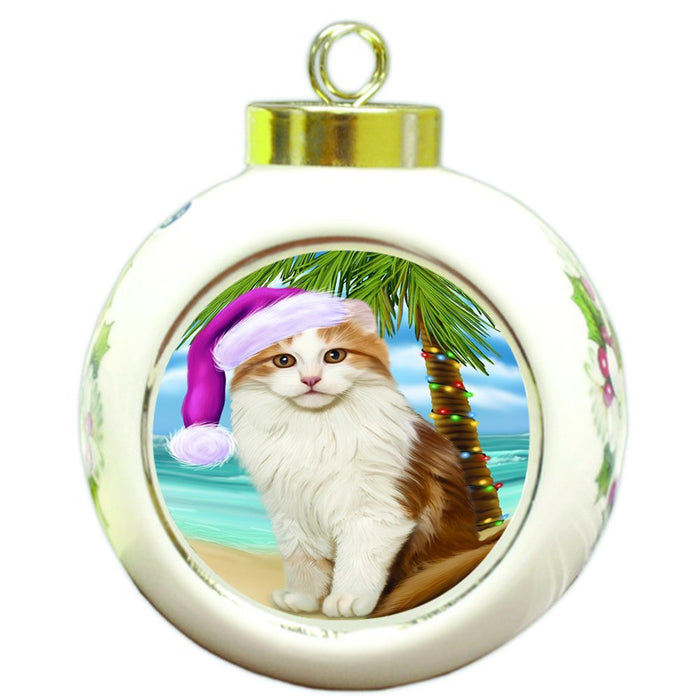 Summertime Happy Holidays Christmas American Curl Cat on Tropical Island Beach Round Ball Ornament D483