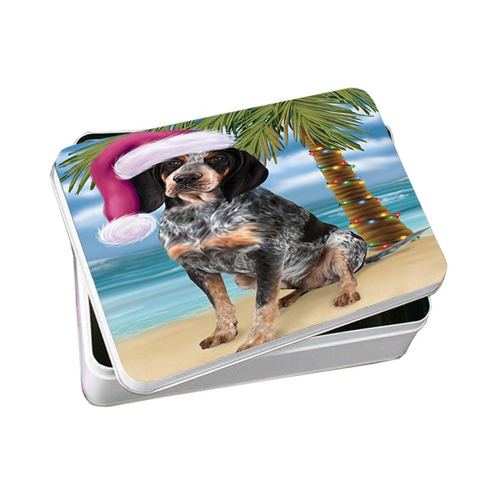 Summertime Happy Holidays Christmas Bluetick Coonhound Dog on Tropical Island Beach Photo Storage Tin