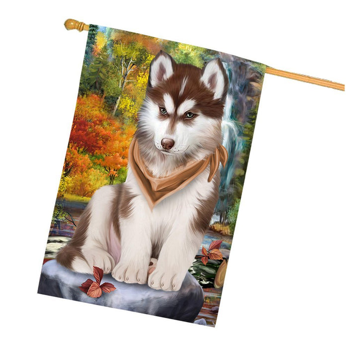 Scenic Waterfall Siberian Husky Dog House Flag FLGA49484