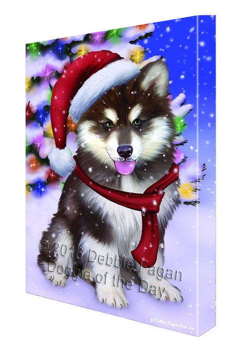 Winterland Wonderland Alaskan Malamute Dog In Christmas Holiday Scenic Background Canvas Wall Art