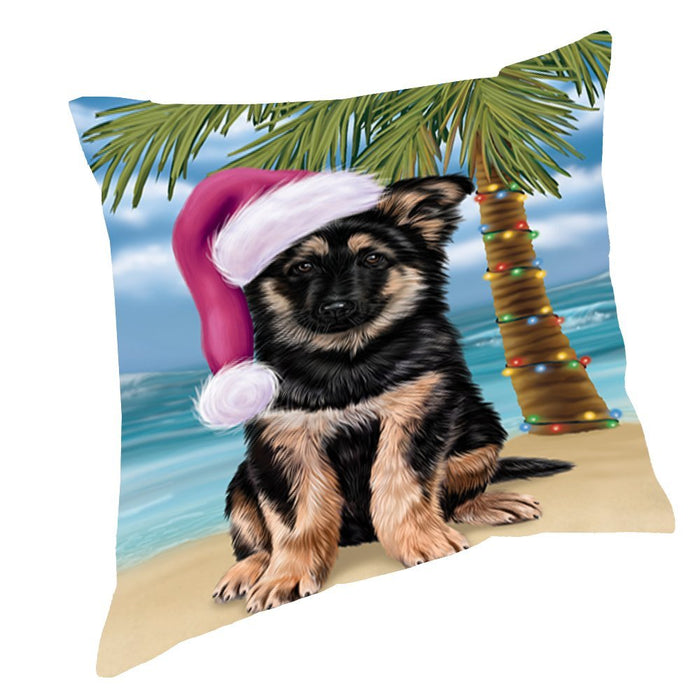 Summertime Happy Holidays Christmas German Shepherd Dog on Tropical Island Beach Throw Pillow