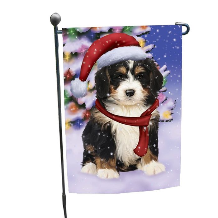 Winterland Wonderland Bernedoodle Puppy Dog In Christmas Holiday Scenic Background Garden Flag