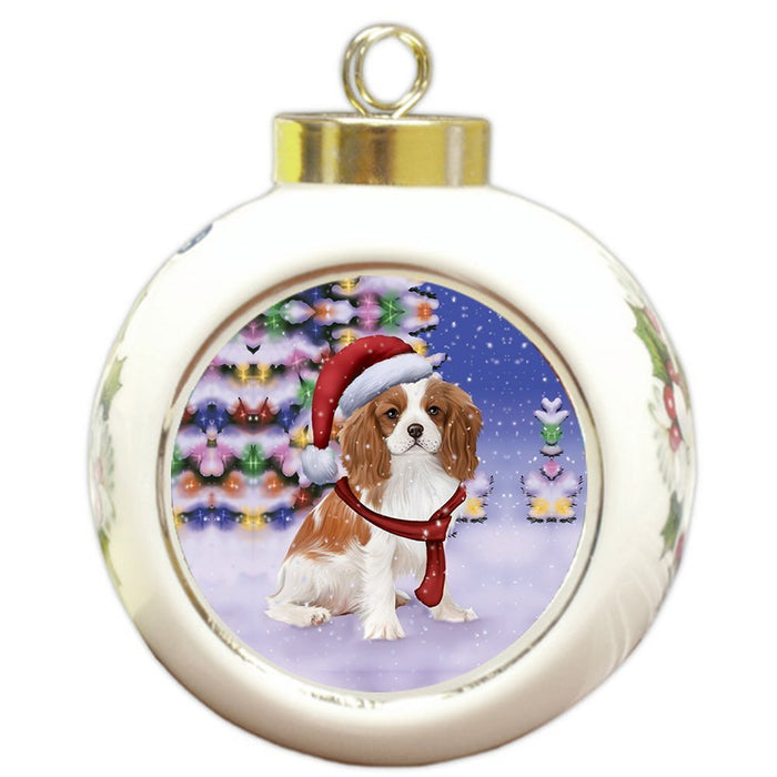 Winterland Wonderland Cavalier King Charles Spaniel Puppy Dog In Christmas Holiday Scenic Background Round Ball Ornament