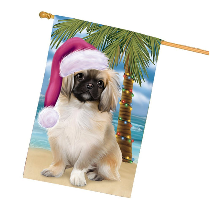Summertime Happy Holidays Christmas Pekingese Dog on Tropical Island Beach House Flag HF398