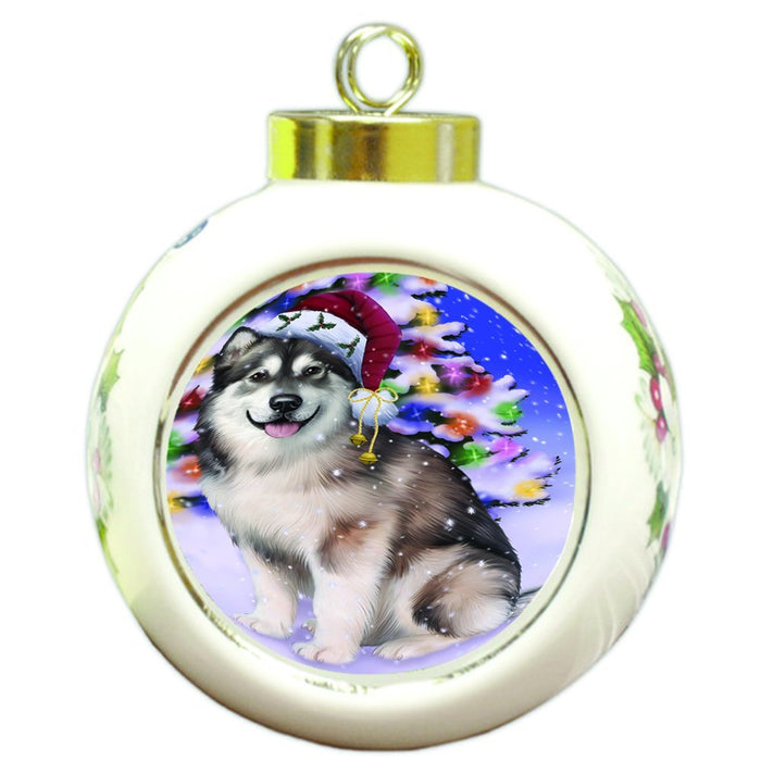Winterland Wonderland Alaskan Malamute Dog In Christmas Holiday Scenic Background Round Ball Ornament D515