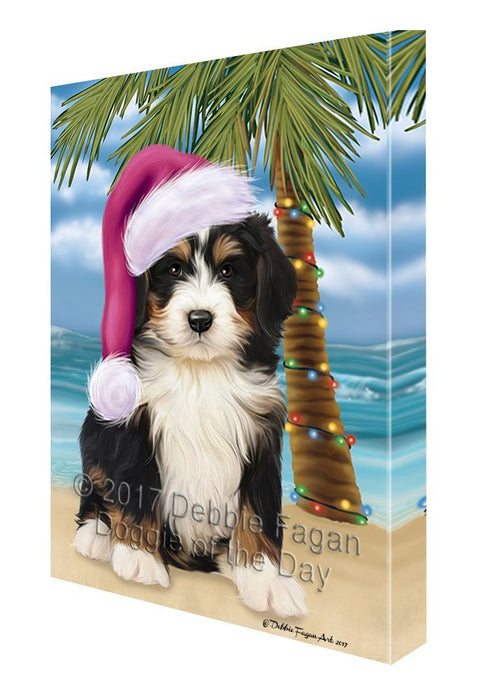 Summertime Happy Holidays Christmas Bernedoodle Dog on Tropical Island Beach Canvas Wall Art