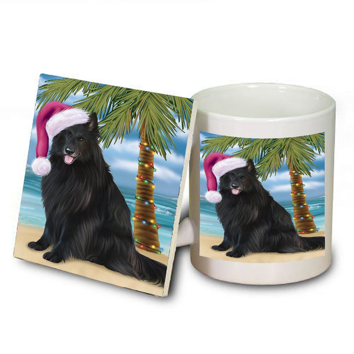 Summertime Happy Holidays Christmas Belgian Shepherds Dog on Tropical Island Beach Mug and Coaster Set
