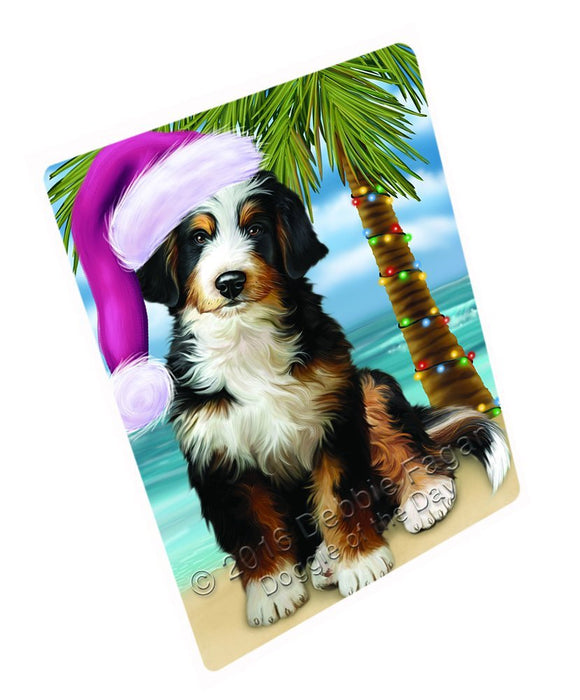 Summertime Happy Holidays Christmas Bernedoodle Dog on Tropical Island Beach Tempered Cutting Board