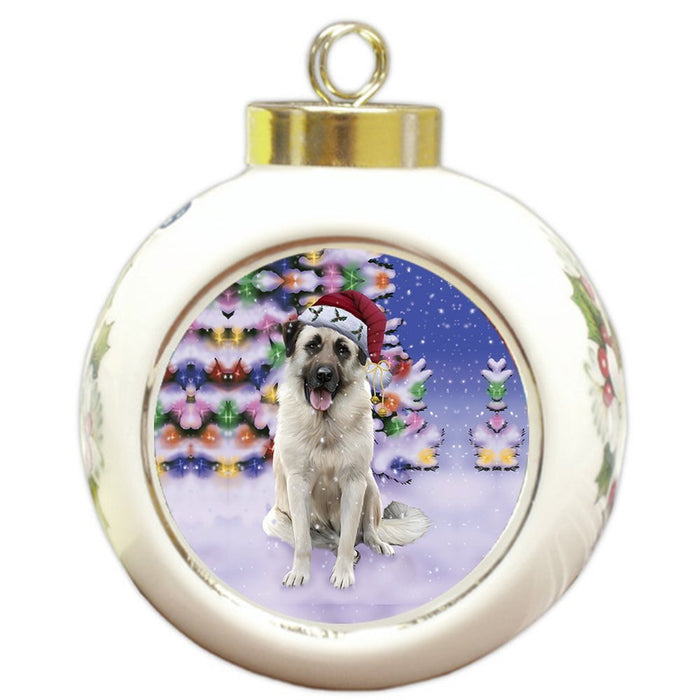 Winterland Wonderland Anatolian Shepherds Dog In Christmas Holiday Scenic Background Round Ball Ornament