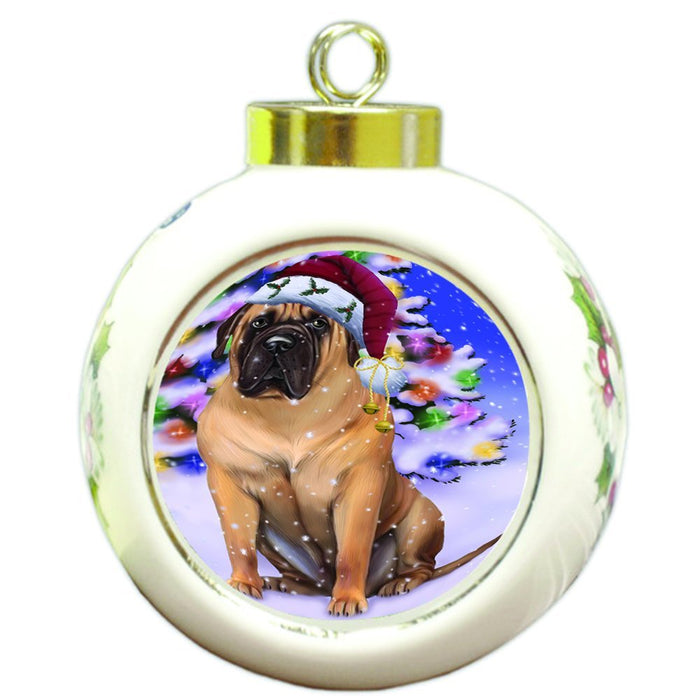 Winterland Wonderland Bullmastiff Dog In Christmas Holiday Scenic Background Round Ball Ornament D523