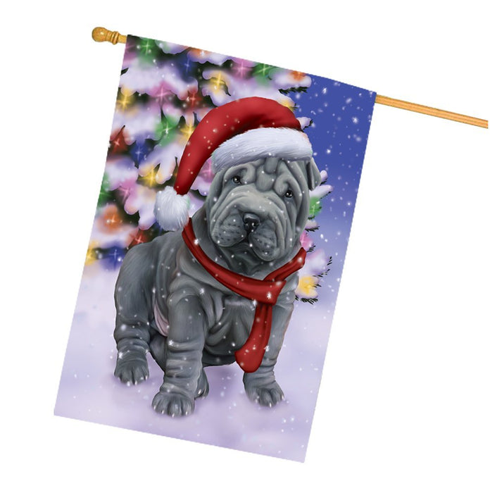 Winterland Wonderland Shar Pei Dog In Christmas Holiday Scenic Background House Flag