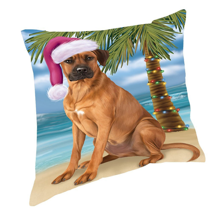 Summertime Happy Holidays Christmas Rhodesian Ridgeback Dog on Tropical Island Beach Throw Pillow