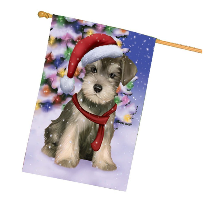 Winterland Wonderland Schnauzers Puppy Dog In Christmas Holiday Scenic Background House Flag