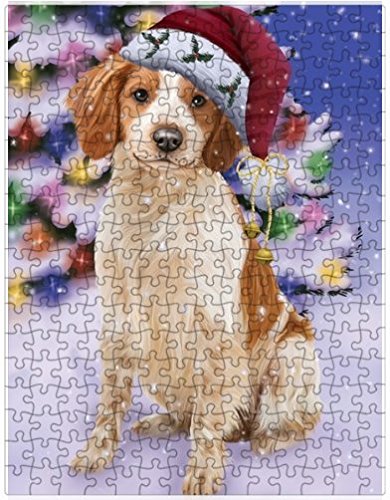 Winterland Wonderland Brittany Spaniel Dog In Christmas Holiday Scenic Background Puzzle with Photo Tin D703