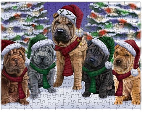 Shar Pei Dog Christmas Family Portrait in Holiday Scenic Background Puzzle with Photo Tin