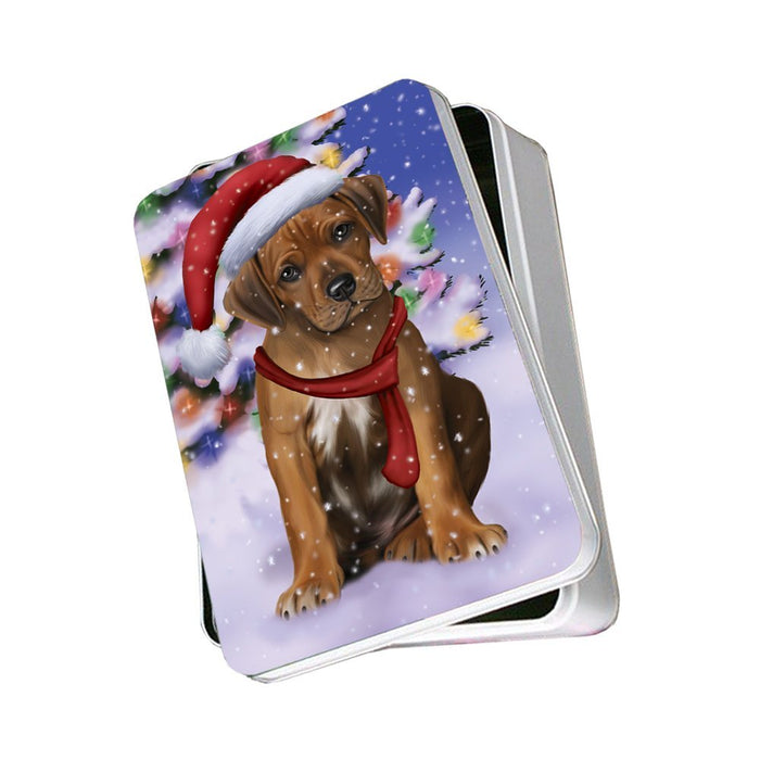 Winterland Wonderland Rhodesian Ridgebacks Dog In Christmas Holiday Scenic Background Photo Storage Tin