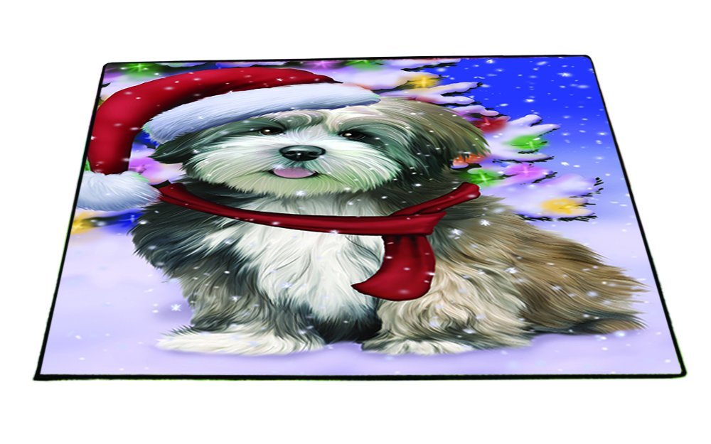 Winterland Wonderland Lhasa Apso Dog In Christmas Holiday Scenic Background Indoor/Outdoor Floormat