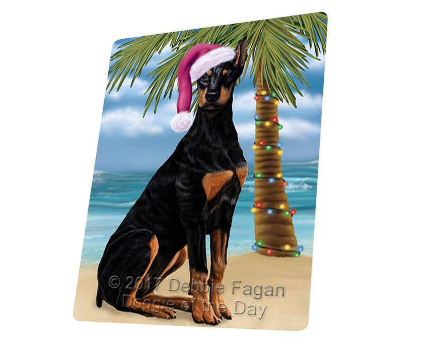 Summertime Happy Holidays Christmas Doberman Dog on Tropical Island Beach Tempered Cutting Board