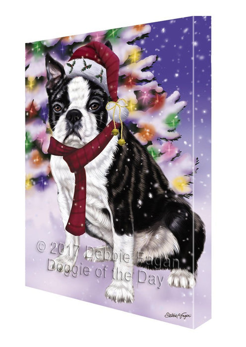 Winterland Wonderland Boston Terriers Adult Dog In Christmas Holiday Scenic Background Painting Printed on Canvas Wall Art