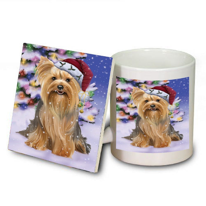 Winterland Wonderland Yorkshire Terriers Dog In Christmas Holiday Scenic Background Mug and Coaster Set