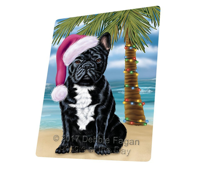 Summertime Happy Holidays Christmas French Bulldogs Dog on Tropical Island Beach Tempered Cutting Board