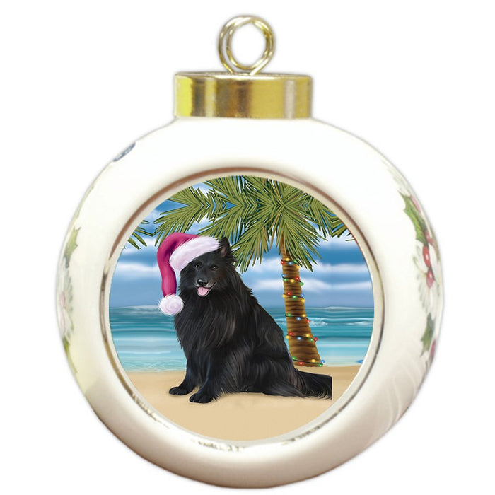 Summertime Happy Holidays Christmas Belgian Shepherds Dog on Tropical Island Beach Round Ball Ornament