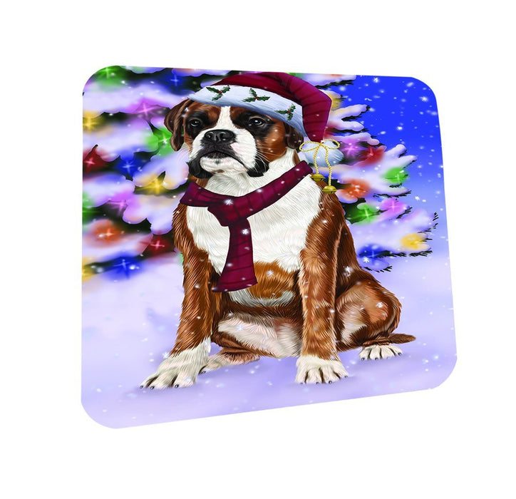 Winterland Wonderland Boxers Dog In Christmas Holiday Scenic Background Coasters Set of 4