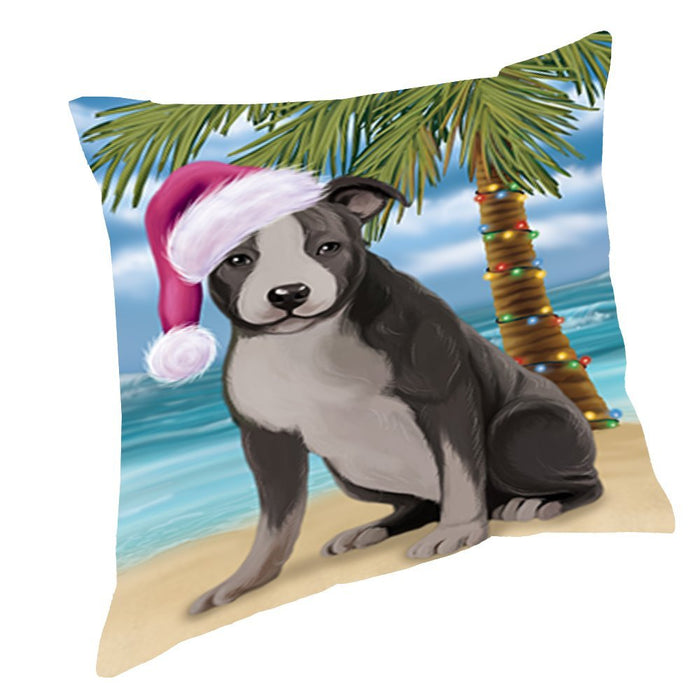 Summertime Christmas Happy Holidays American Staffordshire Dog on Beach Throw Pillow PIL1396