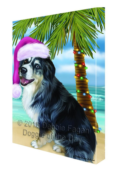 Summertime Happy Holidays Christmas Australian Shepherd Dog on Tropical Island Beach Canvas Wall Art