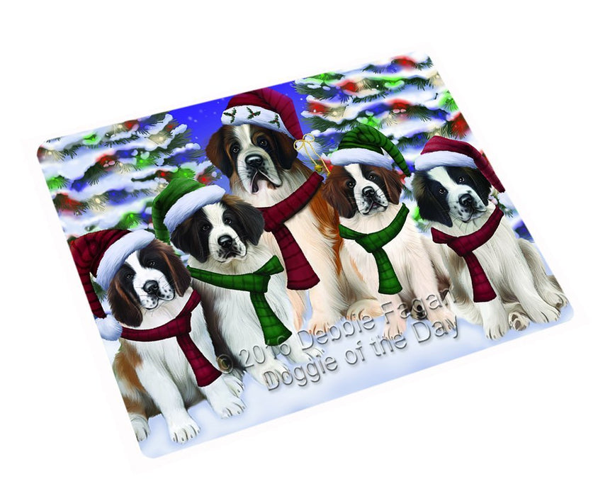 Saint Bernard Dog Christmas Family Portrait in Holiday Scenic Background Tempered Cutting Board