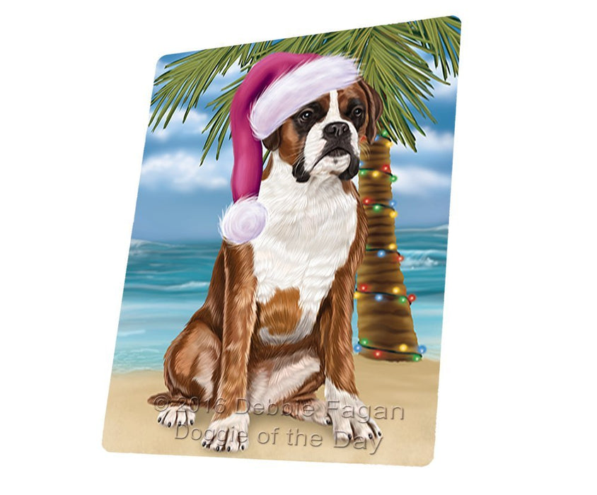 Summertime Happy Holidays Christmas Boxers Dog on Tropical Island Beach Tempered Cutting Board