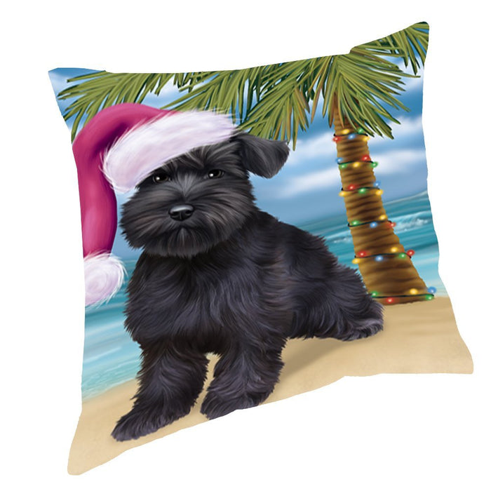 Summertime Happy Holidays Christmas Schnauzers Dog on Tropical Island Beach Throw Pillow