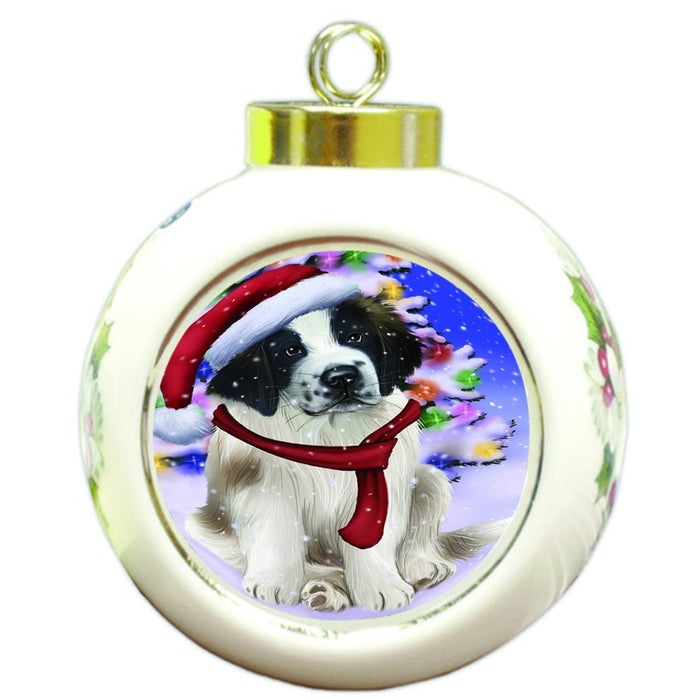Winterland Wonderland Saint Bernard Dog In Christmas Holiday Scenic Background Round Ball Ornament D594