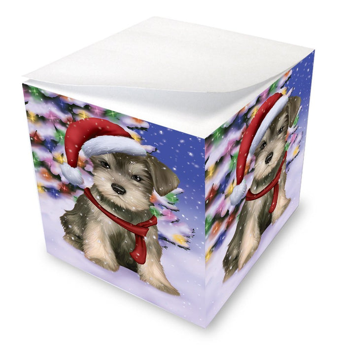 Winterland Wonderland Schnauzers Puppy Dog In Christmas Holiday Scenic Background Note Cube D602